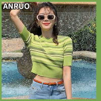 ANRUO เสื้อยืด Atasan Bahan Rajut ลายทางคอกลมย้อนยุคองค์ประกอบเทรนด์2023กางเกงขาสั้นสลิมฟิตเสื้อยืดแขนสั้นอเนกประสงค์