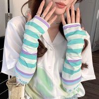 Women Long-sleeved Hand Sleeves Ice Silk Arm Sunscreen Sleeve Sun Uv Protectors Stripe Sports Female Arm Cover Sleeves Sleeves