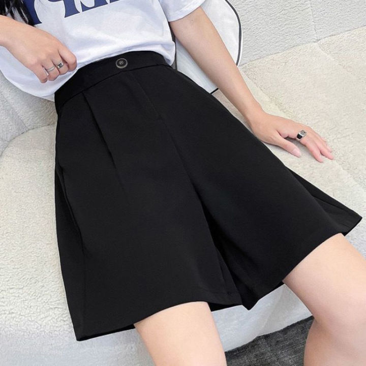 shenghao-กางเกงขาสั้นเอวสูงแบบลำลองสำหรับผู้หญิงกางเกงชุดสตรีทเอวยางยืดยาวถึงเข่าขากว้างฤดูร้อน