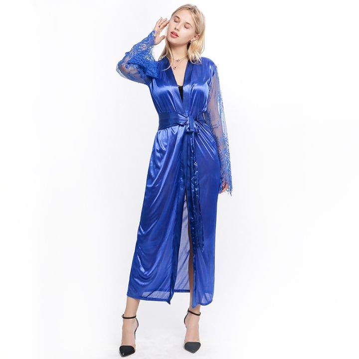 xiaoli-clothing-ชุดนอนสตรีเซ็กซี่ยาวแต่งลูกไม้ชุดเสื้อคลุมอาบน้ำเลียนแบบชุดกลางคืนผลิตจากผ้าไหมน้ำแข็งชุดนอนสีทึบ
