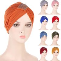 Muslim Turban Hijib Caps Knotted Bonnet Diamonds Solid Color Women Baotou Cap Indian Turban Cap Elastic Inner Hijib Accesories