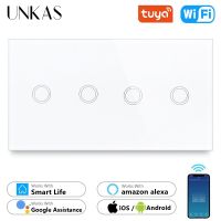 UNKAS 4 Gang Wifi EU Standard Touch Smart Switch Black Crystal Glass 157mm Panel Home Improvement Work Tuya Alexa / Google Power Points  Switches Save