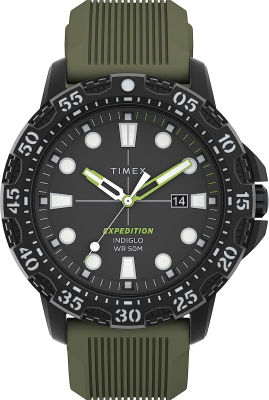 Timex Mens Expedition Gallatin 44mm Watch – Black Case Black Dial with Black Silicone Strap Black/ Green