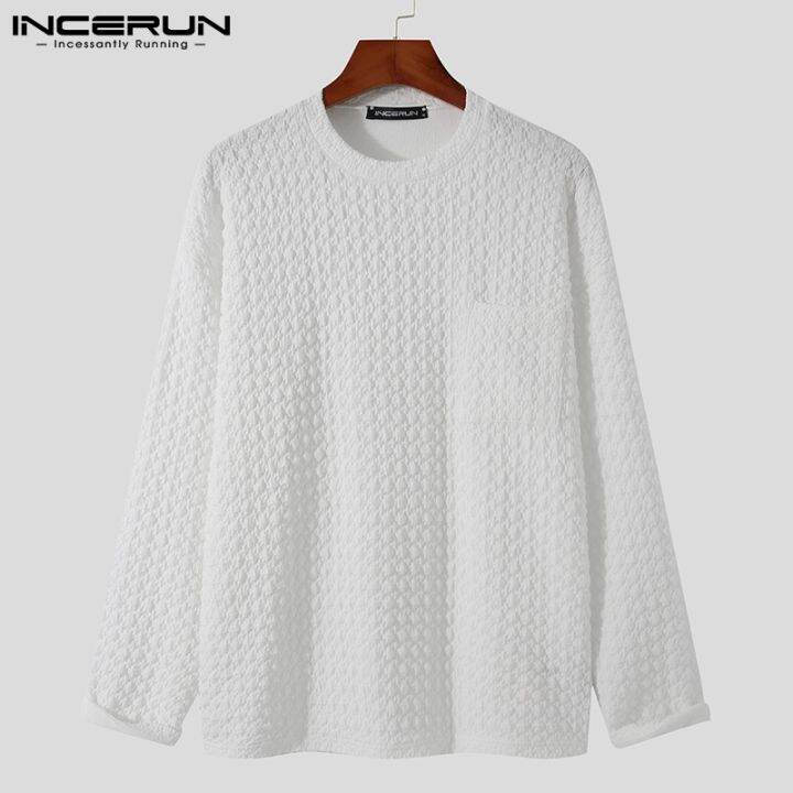 incerun-เสื้อยืดลําลองแฟชั่นสําหรับผู้ชายแขนยาวคอกลมทรงหลวม