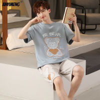 Summer Men Cotton Pajamas Short Sleeved Short Pants Pijamas Cartoon Mens Sleepwear Plus Size L-4XL Pyjamas Casual Homewear