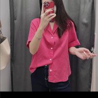 Uniqlo2023 Summer Uniqlo Cotton Linen Half Open Collar Short Sleeve Shirt Casual Loose Solid Color Cool Top Women 455752