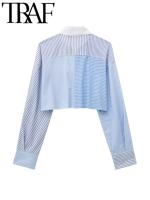 TRAF Y2K Summer Women Striped Print Patchwork Wide Pants Suits Traf Long Sleeve Buttons Loose Shirt Crop Top Female 2 Piece Set