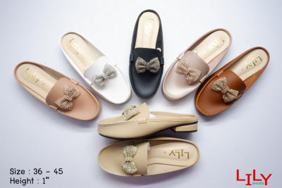 Lily Shoes รองเท้าคัทชู มีส้น 36 - 45 แบบโบว์เพชรจับจีบ เปิดส้น