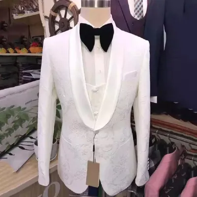 2022 Costume Homme White Pattern Men Suits Shawl Lapel Wedding Groom Tuxedos Terno Masculino Prom Blazer 3 Pieces