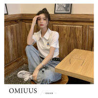 [OMIUUS] เสื้อยืดผู้หญิงแขนสั้นคอโปโลตัดสั้นแนวสตรีทอินเทรนด์มีโชว์สะดือ