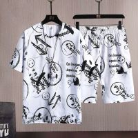 【hot seller】 silk suit mens summer new printing loose casual short-sleeved t-shirt two-piece