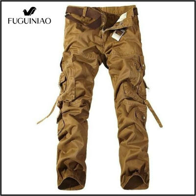 Fuguiniao ชายกางเกงคาร์โก้ Solid สีขนาดใหญ่ผู้ชายกางเกงลำลองชาย Slim ตรง Multi-Pocket สินค้าเกี่ยวกับทหารกางเกง