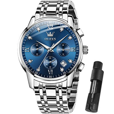 OLEVS Men Multifunction Watch, Multi Dial Waterproof Luminous Chronograph Mens Watch with Date Gift for Men,Stainless Steel Watches for Men,Classic Men Wrist Watch Blue Dial