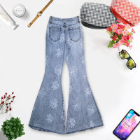 Spot parcel post Washed Printed Nostalgic Ripped Flared Long Jeans Womens Autumn New High Waist Stretch Slim-Fit Frayed Edge