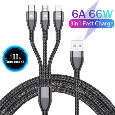 3in 1 6A 66W Super Fast Charging USB Cord Cable 8 Pin Micro USB Type C Phone Charger For iPhone Samsung Huawei Xiaomi Cable Wire Cables  Converters