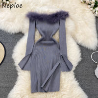 Neploe Sexy Off-the-shoulder Knitted Dress Woman Slit Long Sleeve Sweater Robe Femme Solid Color Fleece Patch Chic Vestidos