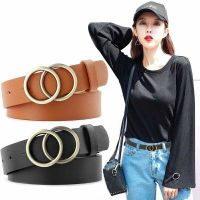 [Cutewomen2020] Women Belt Imitation leather Alloy Pin Buckle Belt New Double Ring Circle Button Belt Leisure Jeans Fashion Dress Jeans Dress Wild Belt Women Girls Double Ring Buckle Leather Waist Belt