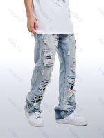 กางเกงยีนส์ขาตรงสำหรับผู้ชาย,กางเกงยีนส์สีน้ำเงินเดรสเปิดไหล่ข้างเดียวกางเกงยีนส์ Y2k สำหรับผู้ชายกางเกงยีนส์แต่งลายขาดๆ