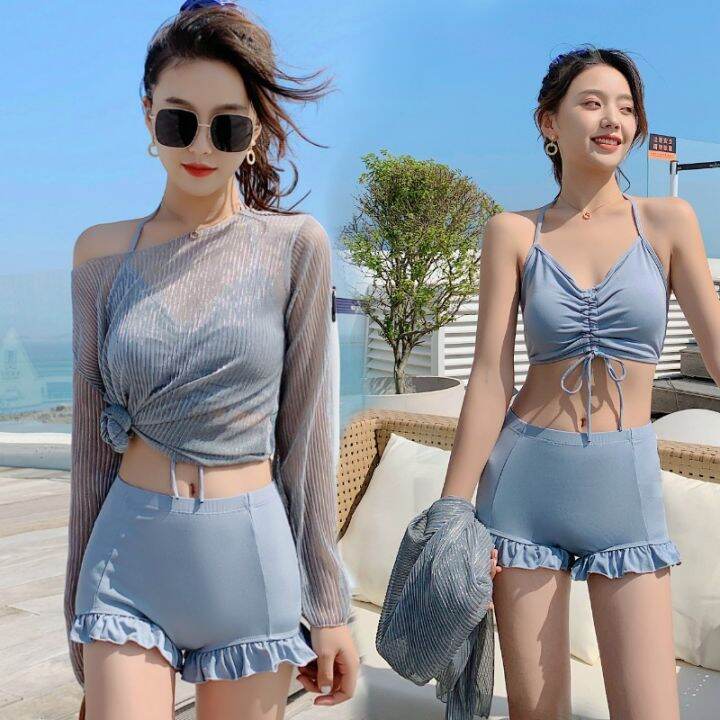 ฮิตสุดๆ-ชุดว่ายน้ำแฟชั่น-bikini-บิกินี-ทูพีช-เซ็ท-3-ชิ้น-เสื้อคลุมตัวนอก-สปอร์ตบรา-กางเกงขาสั้น