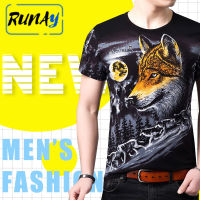 RUNAY เสื้อยืดลายหมาป่าเรืองแสงของผู้ชายเสื้อยืดพิมพ์ลายสัตว์เท่ชุดกีฬาแขนสั้นฤดูร้อน