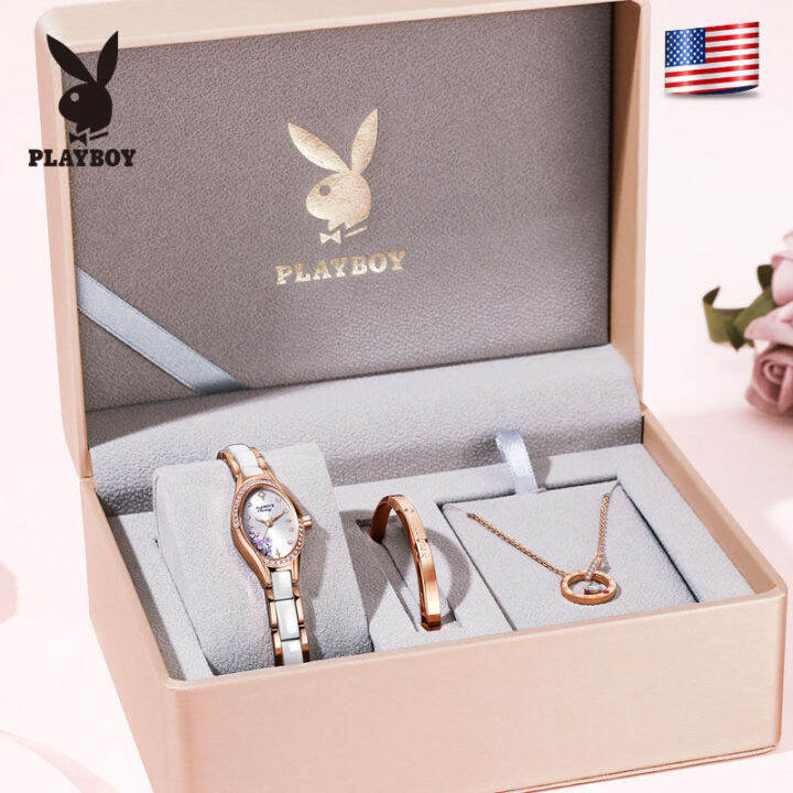 playboy-ฟรีของขวัญสร้อยข้อมือสร้อยคอเซ็ตนาฬิกาสำหรับผู้หญิง-legal-diamond-dial-elegant-temperament-สร้อยข้อมือนาฬิกาข้อมือกันน้ำ