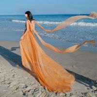 The newWomens clothing in xinjiang desert island of qinghai Tibet travel chiffon v-neck backless trailing orange dress