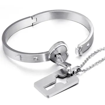 2Pcs Tone Stainless Steel Lover Heart Love Lock Bracelet with Lock Key  Bangles Kit Couple Gift