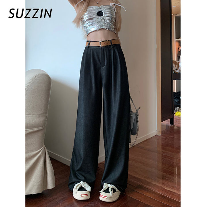 suzzin-สีทึบหลวมแบบเรียบง่ายและมีกางเกงลำลองประดับผ้าม่านแบบบางสำหรับผู้หญิง