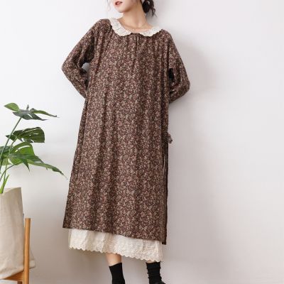 Japanese Style Dresses for Women Girl Cute Doll Collar Long Sleeve Floral Printed Loose Beach Vintage Long Dress with Lace Edges