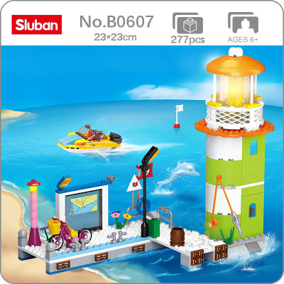 Sluban B0607สีชมพูฝันท่าเทียบเรือประภาคารเรือยอชท์ Dophin D Ock ชายหาดฉากมินิอิฐบล็อกอาคารของเล่นสำหรับเด็กไม่มีกล่อง