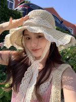 ✠ SCKLV LEE straw hat womens summer seaside Hepburn style hollow straw ribbon 2023 new sun protection sun visor