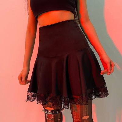 ‘；’ Gothic Black Lace Patchwork Skirt Women Casual  Mini Dark Y2K Aesthetic Slim High Waist Long Skirt
