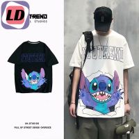 LD [ผ้าฝ้าย S-8XL] เสื้อยืดแขนสั้น Stitch Print T-shirt เทรนด์เรียบง่ายของผู้ชายและผู้หญิงสไตล์ญี่ปุ่นแขนสั้นสไตล์ฮ่องกงหลวมขนาดบวกแขนห้าแฉกเสื้อยืดลำลองนักเรียนเกาหลี