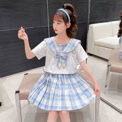 Girls Jk Suit Summer Dress 2023 New Kids Skirt Summer Uniform College Style Pleated Princess Dress 3w04