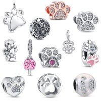 925 Sterling Silver Fit Original Pandora Bracelet Print Paw Pave Sparkling Pink Dangle DIY Women Jewelry Beads Festival Gift