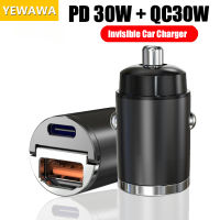 YEWAWA 30W USB C ที่ชาร์จแบตในรถซูเปอร์ไวอะแดปเตอร์ชาร์จสำหรับ iPhone 14 13 Samsung Xiaomi PD ชาร์จเร็ว3.0พอร์ตคู่มินิที่ชาร์จแบตในรถ