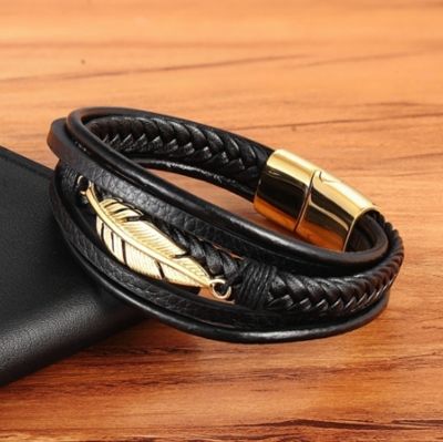 Multilayer Leather Feather Shape Accessories Mens Stainless Steel Leather celet