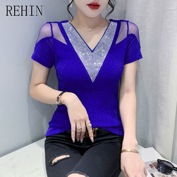 rehin-เสื้อผู้หญิงคอวีฉลุลาย-เสื้อเชิ้ตแขนสั้นคอวีเจาะรูแบบดั้งเดิมสำหรับฤดูร้อนเสื้อยืดอเนกประสงค์