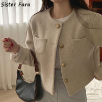 Sister Fara 2021 Spring Autumn O-Neck Short Wool Jackets Coat Womens Metal Single Breasted Jacket Ladies Casual Cardigan Coat