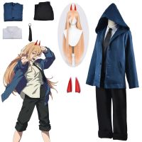 Anime Power Cosplay Chainsaw Man Costume Women Blue Casual Outfits Jacket Pants Suit Red Hairpin Blood Devil Halloween Party Set