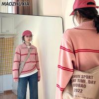 เสื้อกันหนาวสีชมพูลายทางสีตัดกันย้อนยุคเกาหลี MAOZHUXIA