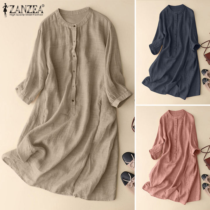 สินค้ามาใหม่-จัดส่งฟรี-เสื้อกระดุมหลวมลำลองผู้หญิง-fancystyle-zanzea-ชุดเดรส-ol-ทำงานชุดเดรสมิดีทึบ-2