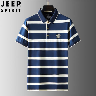 JEEP SPIRIT Mens POLO Shirt Pure Cotton Thin Striped Lapel Short-sleeved T-shirt Loose Striped POLO Shirt
