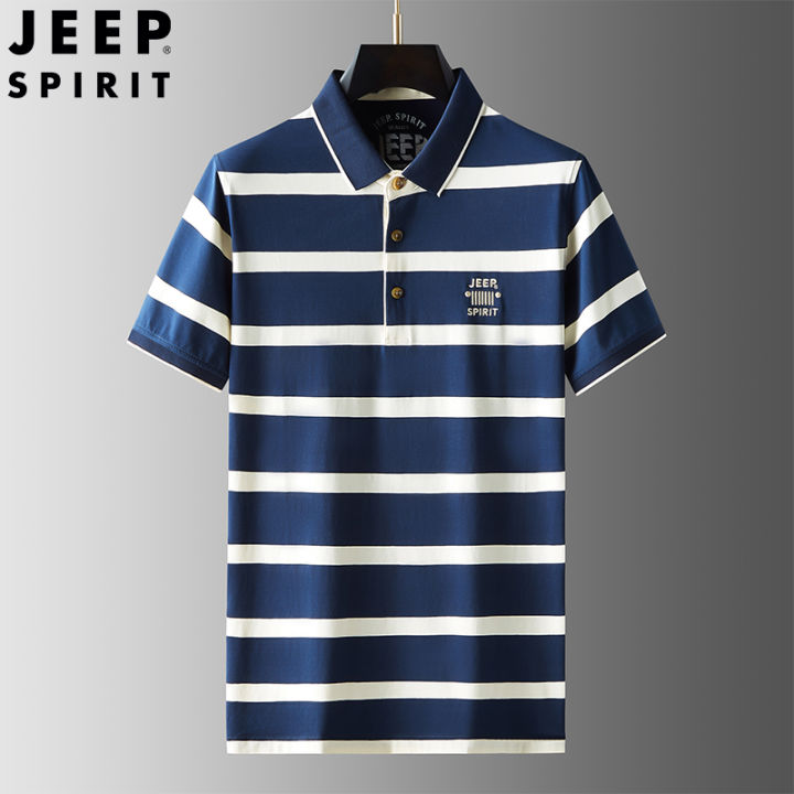 jeep-spirit-mens-polo-shirt-pure-cotton-thin-striped-lapel-short-sleeved-t-shirt-loose-striped-polo-shirt
