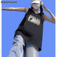 MAOZHUXIA ผ้าฝ้ายพิมพ์ตัวอักษรสีทึบเสื้อกั๊กแขนกุดสตรี