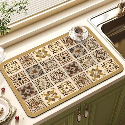 Kitchen Absorbent Drain Pad Dish Drying Mat Tableware Draining Pad Spices Printed Tableware Placemat Kitchen Decoraction Mat