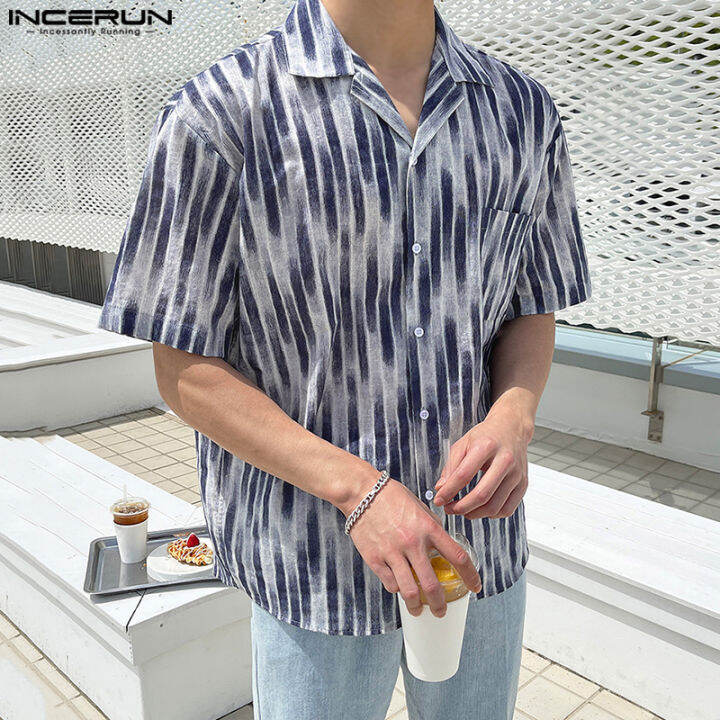 incerun-เสื้อพิมพ์ลายคอวีแขนสั้นสำหรับผู้ชายเสื้อใส่เดินชายหาดสำหรับวันหยุดเสื้อทีออฟ-สไตล์เกาหลี