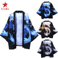 SZWL Men Women Cardigan Robe Chinese Dragon Kimono Summer Loose 3/4 Sleeve Sun Protection Garments