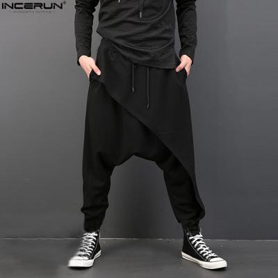 INCERUNกางเกงฮาเร็มผ้าลินินแนววินเทจสำหรับผู้ชาย,กางเกงขายาวทรงหลวมกางเกงลำลองขายาว
