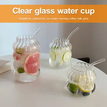 Reusable Ribbed Glass with Lid and Straw, Vintage Drinking Ice Coffee Cup  in 2023